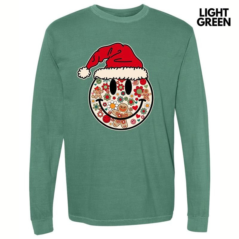 Santa Hat Happy Face Long Sleeve Comfort Colors T-Shirt 'NLB' Hoodie, Sweatshirt | RetroVerseTees.com