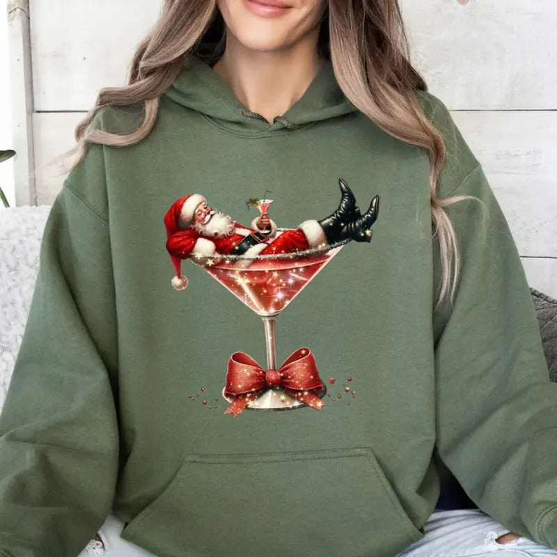 Santa Martini Sweatshirt, Coquette Christmas Shirt, Christmas Martini, Christmas Bow Hoodie, Santa Xmas, Girly, Unisex...