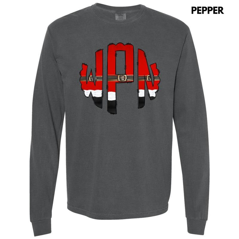 Santa Outfit Monogram Long Sleeve Comfort Colors T-Shirt 'NLB' Hoodie, Sweatshirt | RetroVerseTees.com