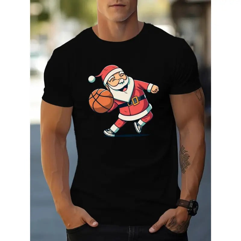 Santa Playing Basketball Print Men's Short Sleeve T-shirt Summer T-shirt Top Made in USA Hoodie, Sweatshirt