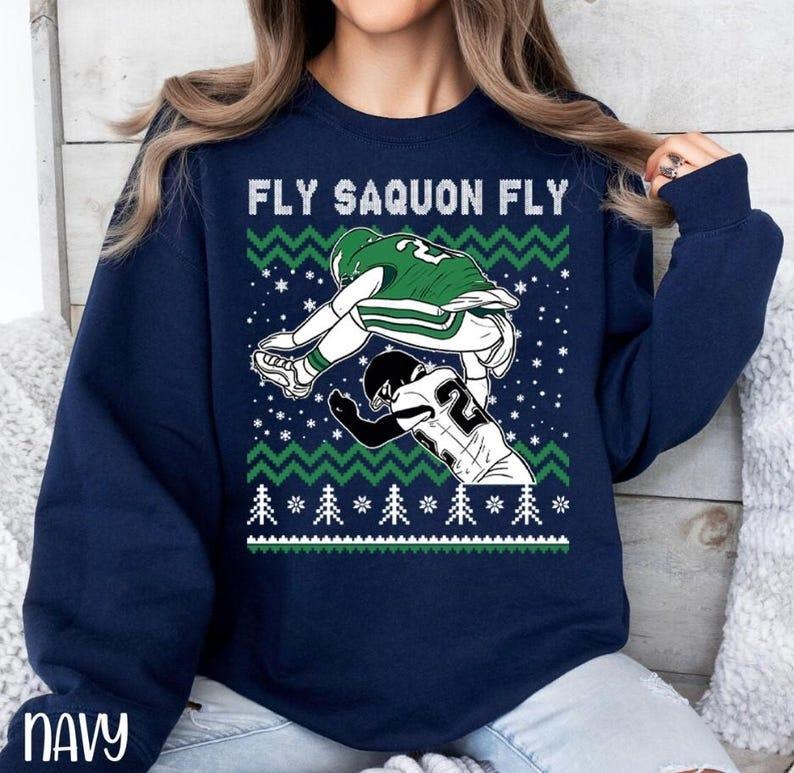 Saquon Barkley Jump Ugly Christmas Crewneck Sweatshirt, Merry Christmas Football T-Shirts, Hoodie | RetroVerseTees.com