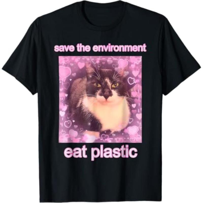 Save TNF Environment Eat Plastic Funny Cute Cat Meme T-Shirt Menswear Top Hoodie, Sweatshirt | RetroVerseTees.com