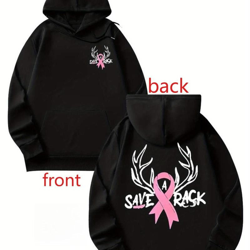 Save TNF Rack Letters Print Breast Cancer Awareness Hoodie Casual Hip Hop Style with Pink Ribbon Graphic Women Long...