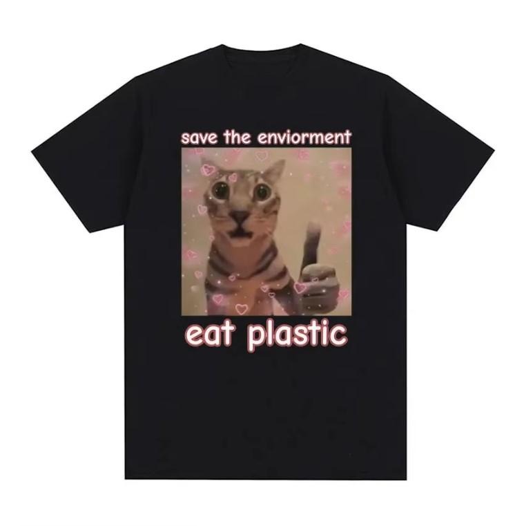 Save The Environment Eat Plastic Cute Cat Graphic T Shirt Funny Men Women Hoodie, Sweatshirt | RetroVerseTees.com