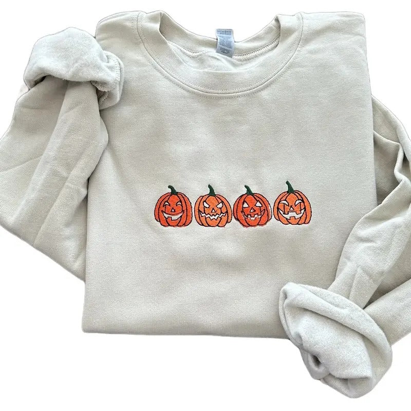 Scary Pumpkin Halloween Embroidered Crewneck Sweatshirt Comfort T-Shirts, Hoodie | RetroVerseTees.com