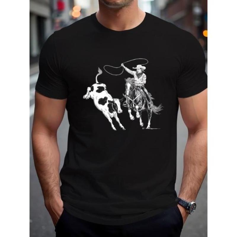 Scene Of Cowboy Lassoing Cow Print Men's T-shirt, Simple Breathable Comfy Top, Casual Crew Neck Short Sleeve T-shirt For...