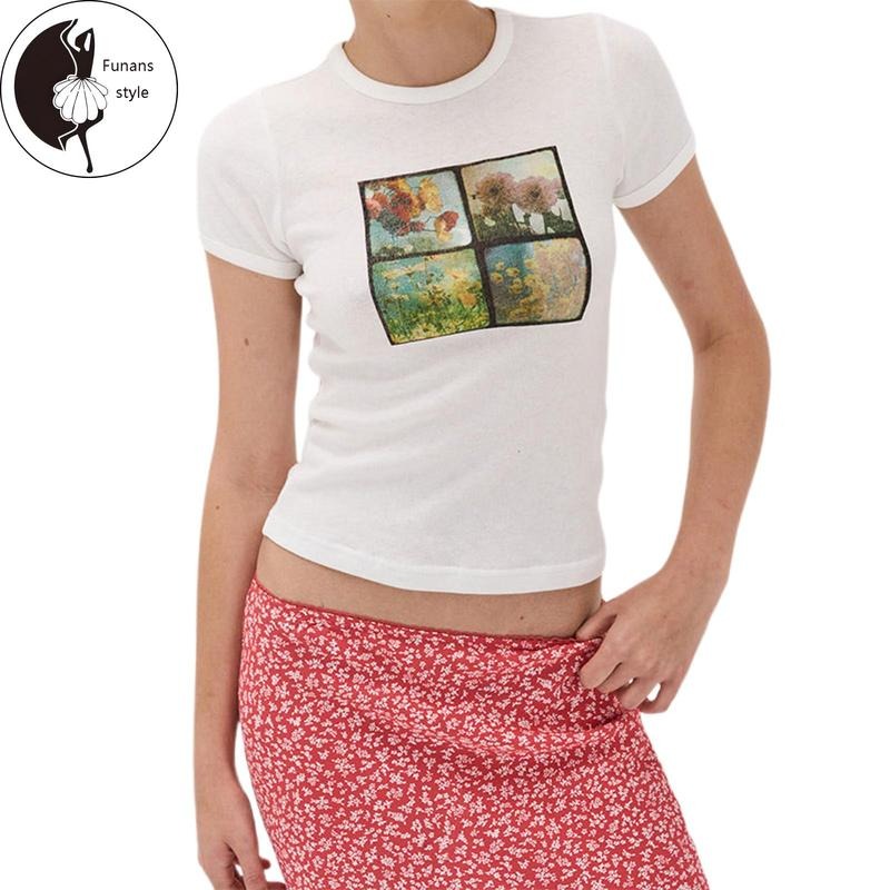 Women's Crew Neck Tops Short Sleeve Floral/Sea Wave Print Baby Tees Hoodie, Sweatshirt | RetroVerseTees.com