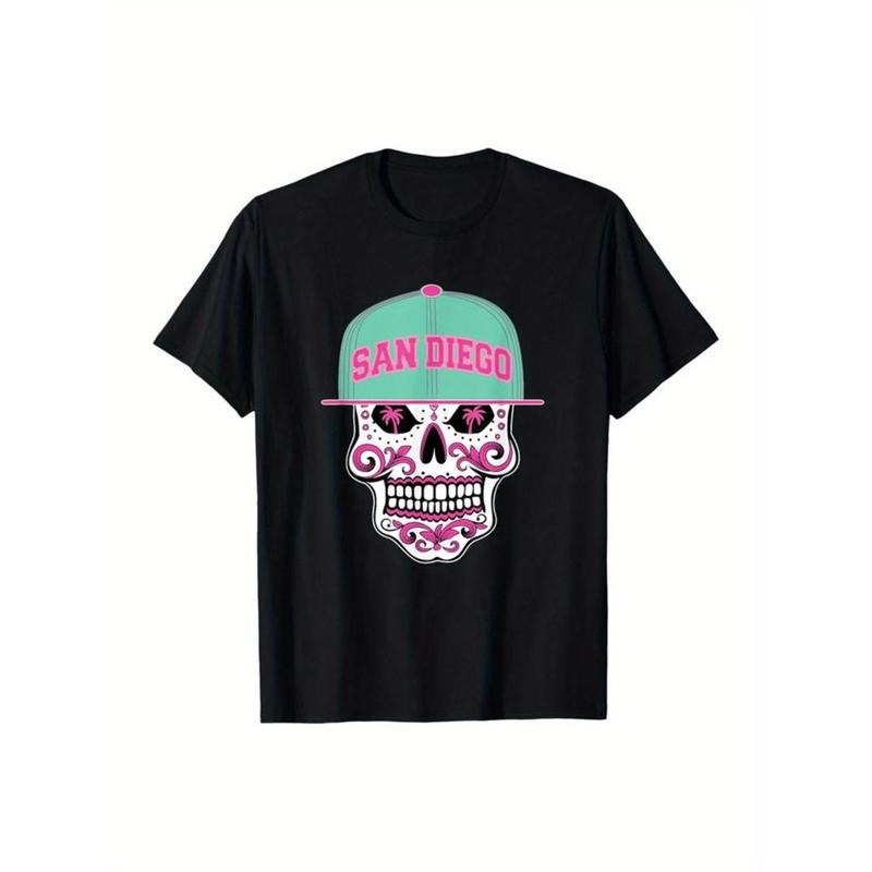 Selected Pure Cotton Men'WB shield Short Sleeve T-Shirt - Mouthless cat Diego Mexican Sugar Skull Mint Green Pink SD City...