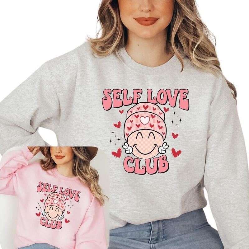 Self Love Club Valentines Sweatshirt, Cute Retro Groovy Hearts Valentines T-Shirts, Hoodie | RetroVerseTees.com