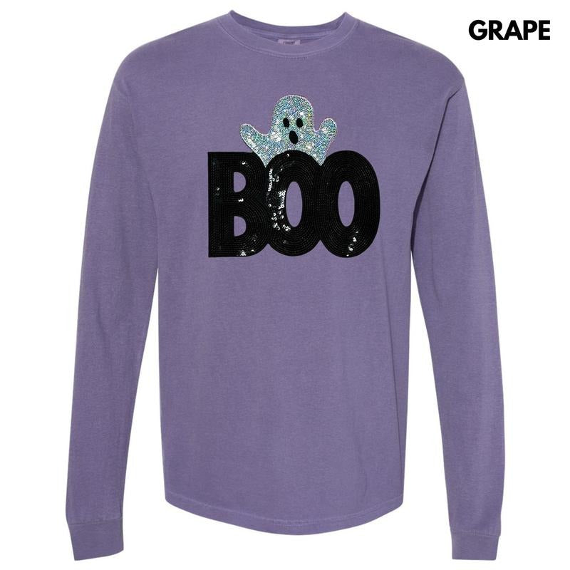 Sequin Boo Ghost Patch Long Sleeve Comfort Colors T-Shirt Hoodie, Sweatshirt | RetroVerseTees.com