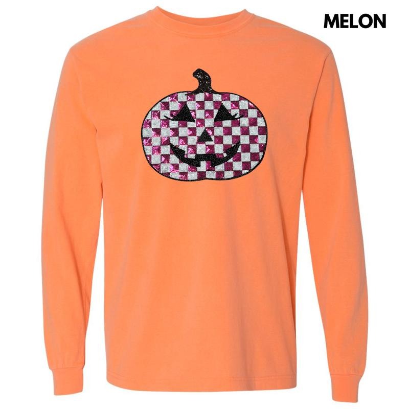 Sequin Checkered Pink Pumpkin Patch Long Sleeve Comfort Colors T-Shirt Hoodie, Sweatshirt | RetroVerseTees.com