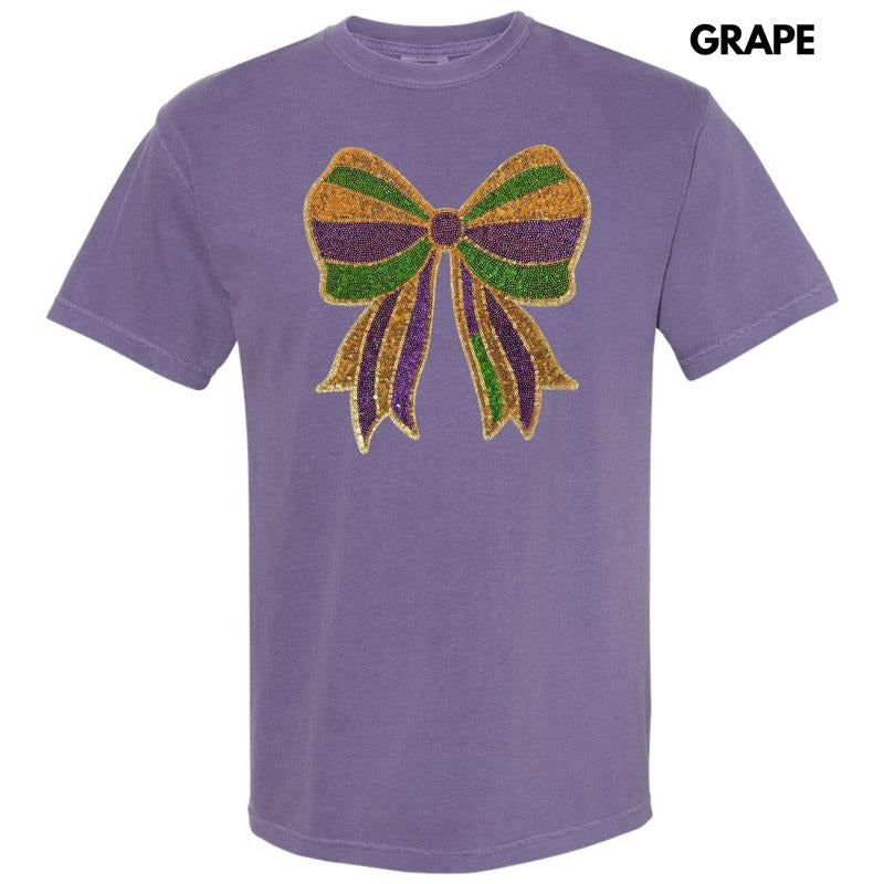 Sequin Mardi Gras Bow Patch Comfort Colors T-Shirt Hoodie, Sweatshirt | RetroVerseTees.com