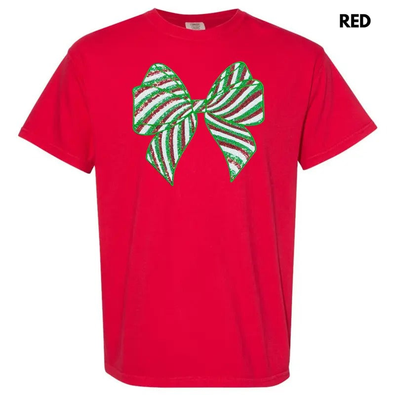 Sequin Red & Green Bow Patch Comfort Colors T-Shirt Hoodie, Sweatshirt | RetroVerseTees.com