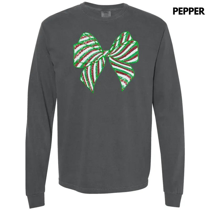 Sequin Red & Green Bow Patch Long Sleeve Comfort Colors T-Shirt Hoodie, Sweatshirt | RetroVerseTees.com