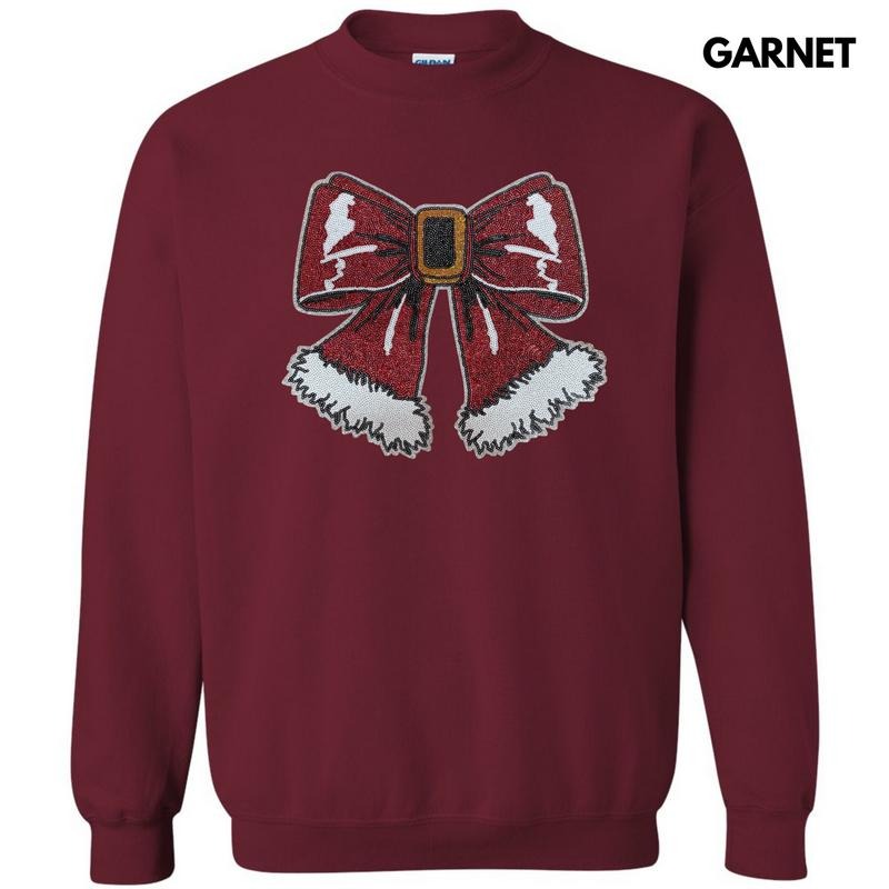 Sequin Santa Bow Patch Sweatshirt T-Shirts, Hoodie | RetroVerseTees.com