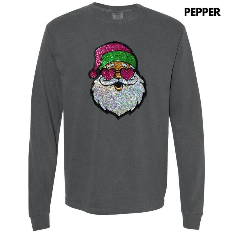Sequin Santa Heart Eyes Patch Long Sleeve Comfort Colors T-Shirt Hoodie, Sweatshirt | RetroVerseTees.com
