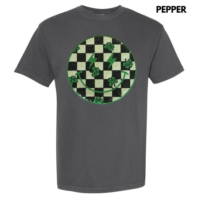 Sequin Shamrock Happy Face Patch Comfort Colors T-Shirt Hoodie, Sweatshirt | RetroVerseTees.com