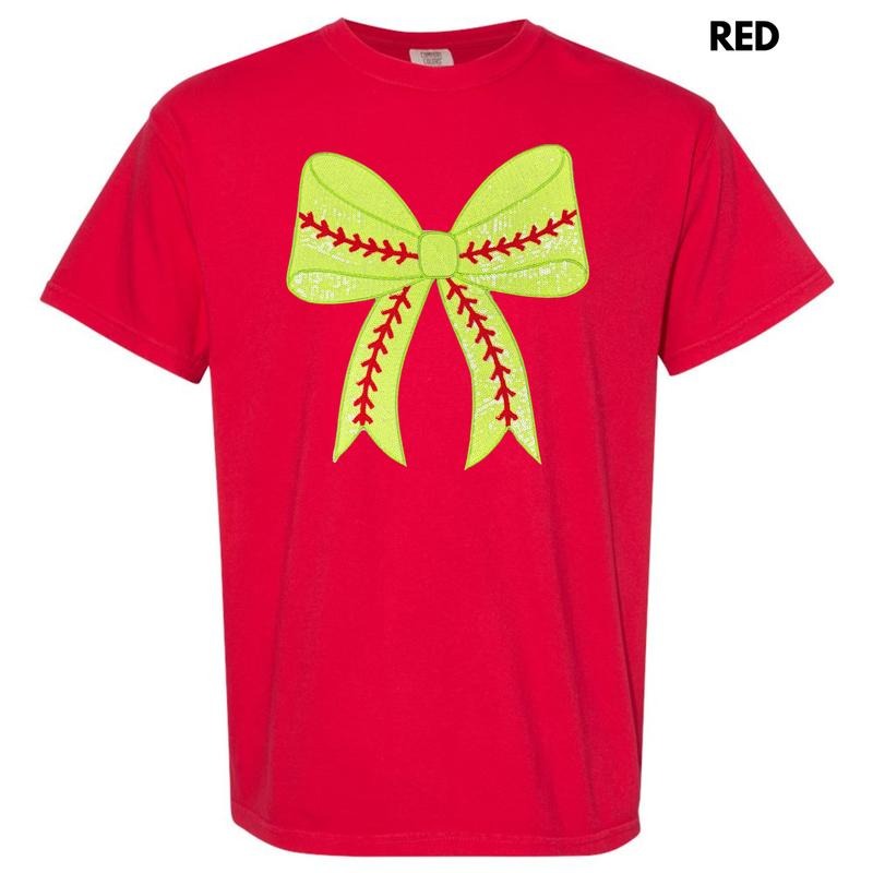 Sequin Softball Bow Patch Comfort Colors T-Shirt Hoodie, Sweatshirt | RetroVerseTees.com