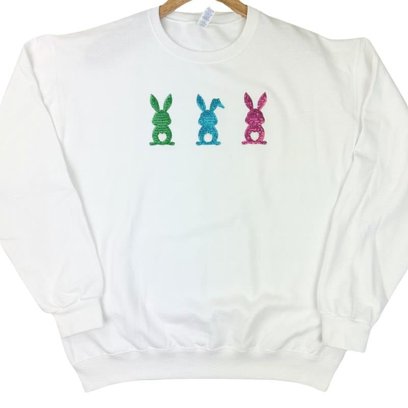 Sequin Triple Bunny Patch Sweatshirt -- WHITE T-Shirts, Hoodie | RetroVerseTees.com