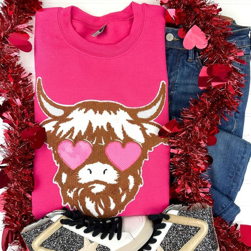 Shaggy Heifer Chenille Patch Sweatshirt -- HOT PINK T-Shirts, Hoodie | RetroVerseTees.com