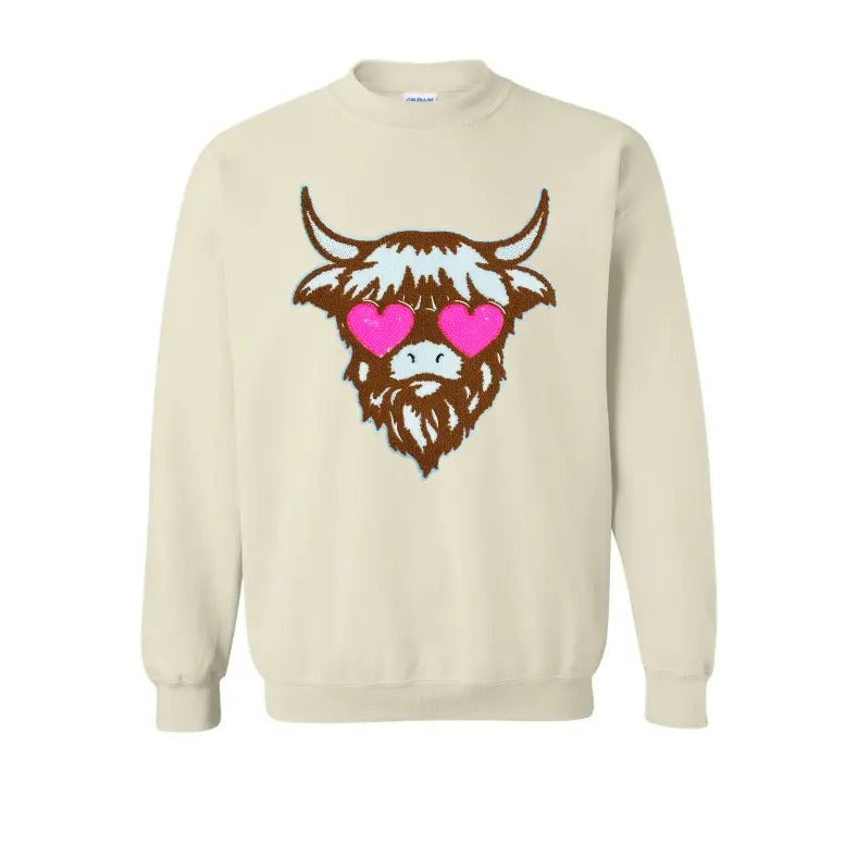 Shaggy Heifer Chenille Patch Sweatshirt -- SAND T-Shirts, Hoodie | RetroVerseTees.com