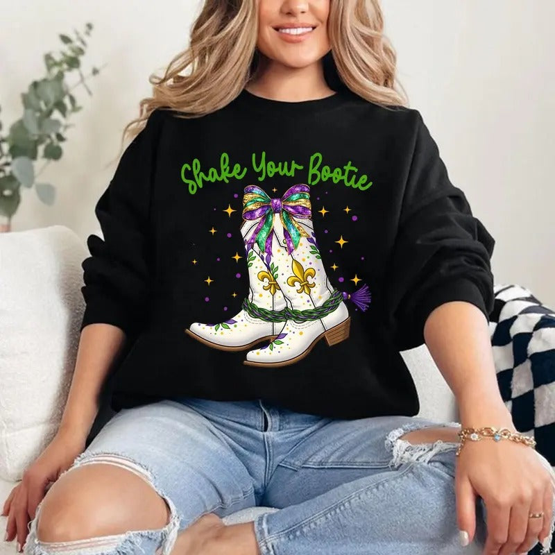 Shake Your Bootie Tshirt Sweatshirt, Mardi Gras Boots Shirt, Brushstroke Boots, Fleur De Lis Coquette Sweatshirt, Unisex...