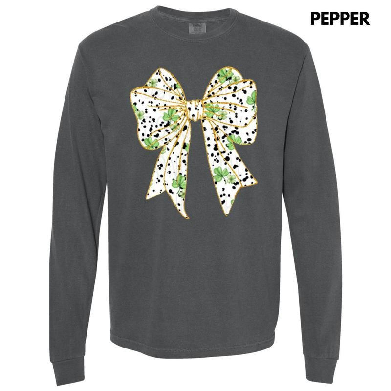 Shamrock Black Dot Bow Long Sleeve Comfort Colors T-Shirt Hoodie, Sweatshirt | RetroVerseTees.com