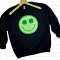 Shamrock Happy Face Patch Sweatshirt -- BLACK T-Shirts, Hoodie | RetroVerseTees.com