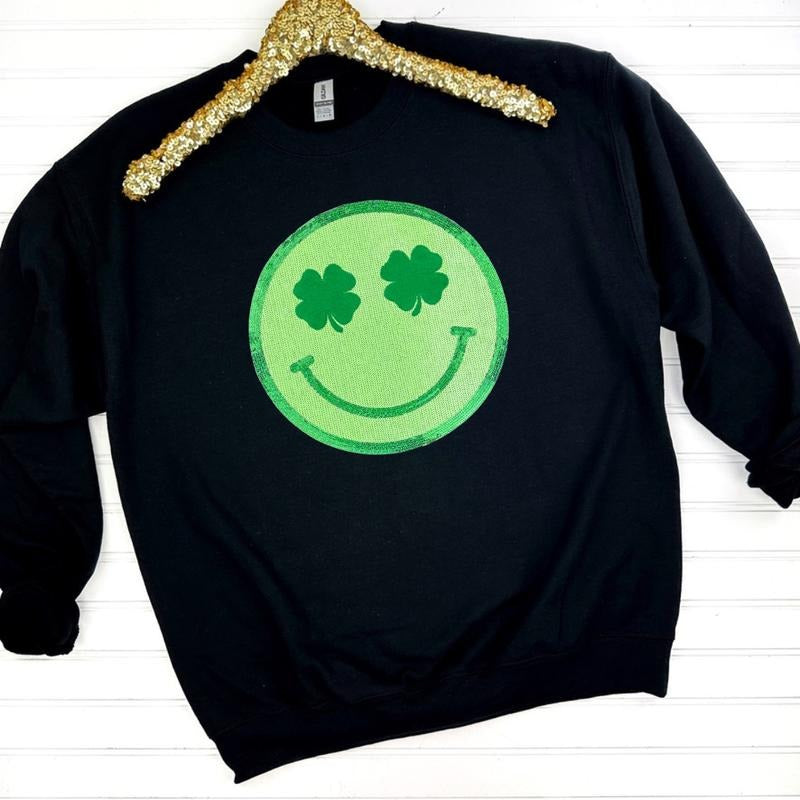 Shamrock Happy Face Patch Sweatshirt -- BLACK T-Shirts, Hoodie | RetroVerseTees.com