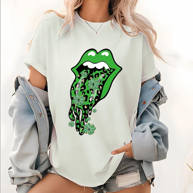 Shamrock Lips Lightsaber brand Shirt, Cute Lightsaber brand Patricks Day Pattern Tops, Dripping Lips Short Tees,...