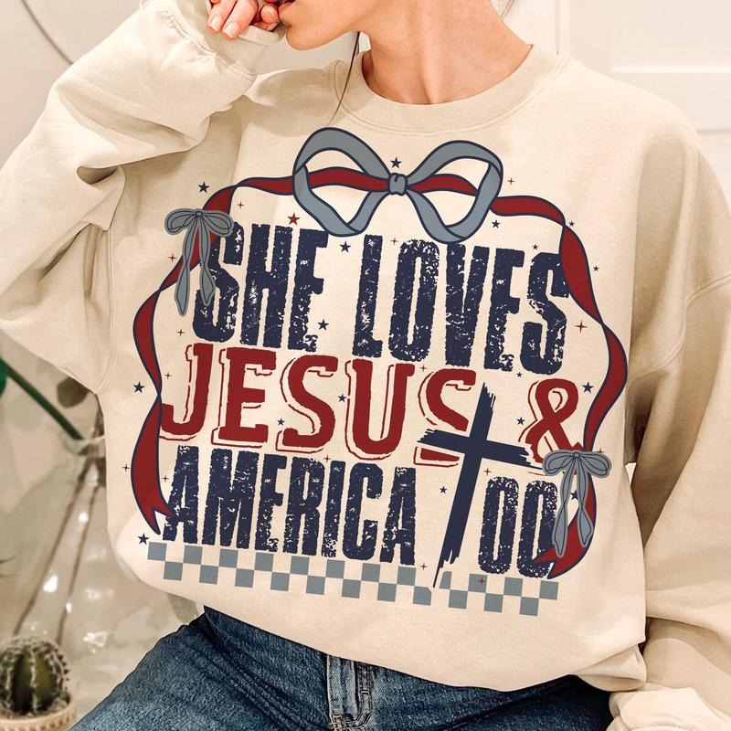 She Loves Jesus And America Too , Coquette 4Th Of July Shirt, Coquette Girly Shirt, American Girl Shirt, Jesus Shirt,...