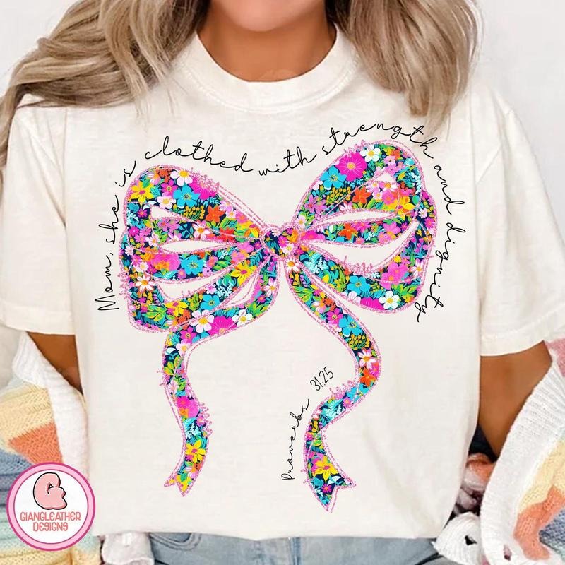 She is clothed with strength and dignity shirt, preppy floral coquette, christian mom, mother's day shirt, bible verse...