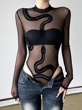 Sheer Velvet Snake Print Mesh Bodysuit, Sexy Slim-Fitting Straw hat pirates for Summer, Elegant Gunpla brand Bold Fashion...