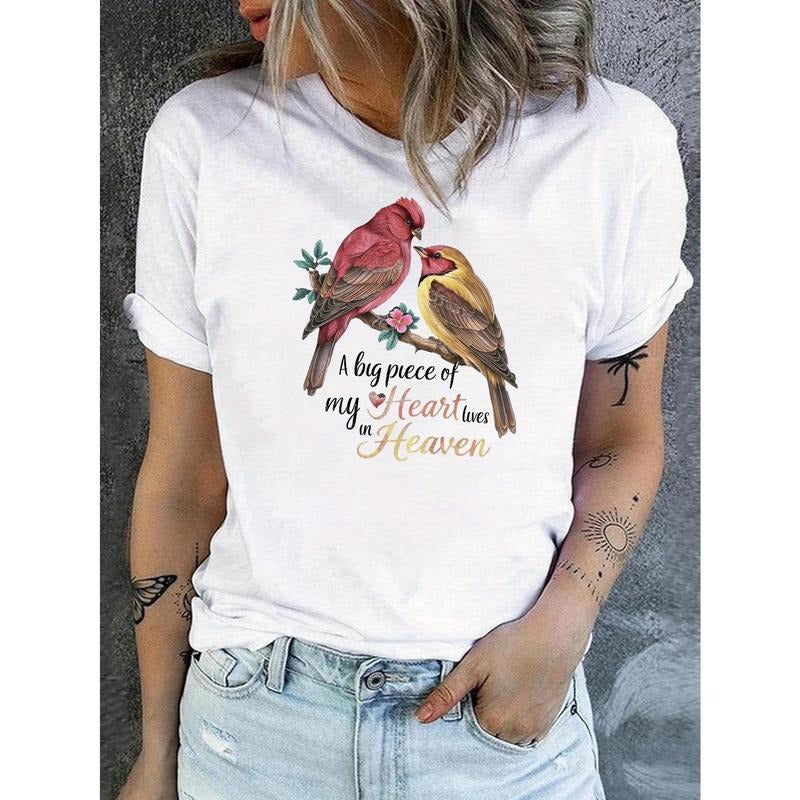 Short Sleeve Crew Neck Bird Print T-Shirt for Spring & Summer, Casual Women'WB shield Clothing style 02 Hoodie, Sweatshirt