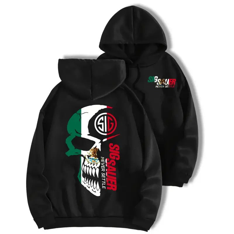 Sig Sauer Never Set BLACK Double Sided HOODIE, Mexican Camouflage, Soft Cotton Blend, Classic Fit, Unisex, T-shirt For...