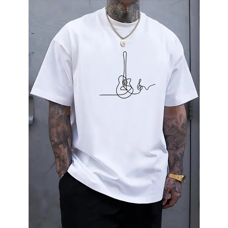 Simple Guitar Graphic Print Men's T-Shirt, Crew Neck Short Sleeve Tees For Summer, Casual Comfortable Lightweight Top For...