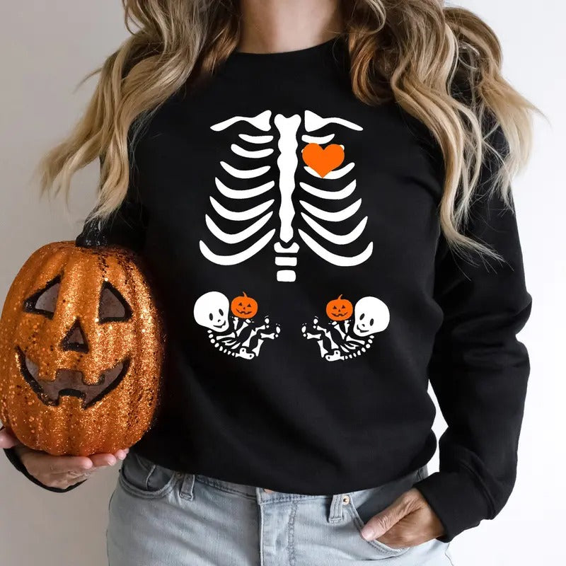 Skeleton Halloween Maternity Sweatshirt, Funny Pregnancy Announcement 2024 Shirt, Twin Mama Halloween Crewneck, Fall...