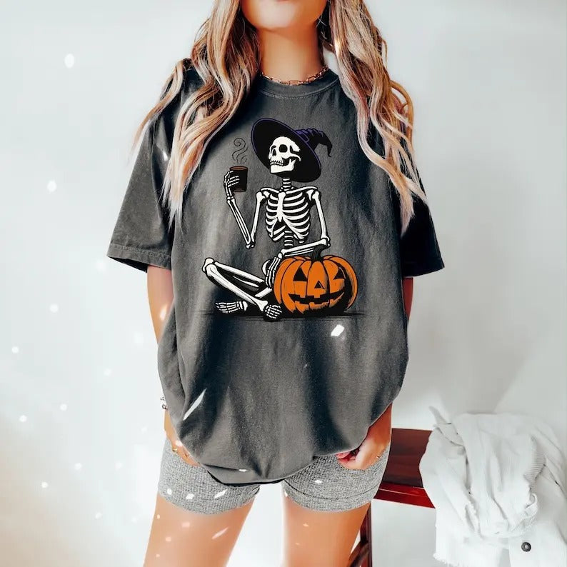 Skeleton Pumpkin Shirt, Coffee Lover Skeleton Shirt, Fall Coffee Latte Shirt, Retro Halloween Shirt, Womens Halloween...