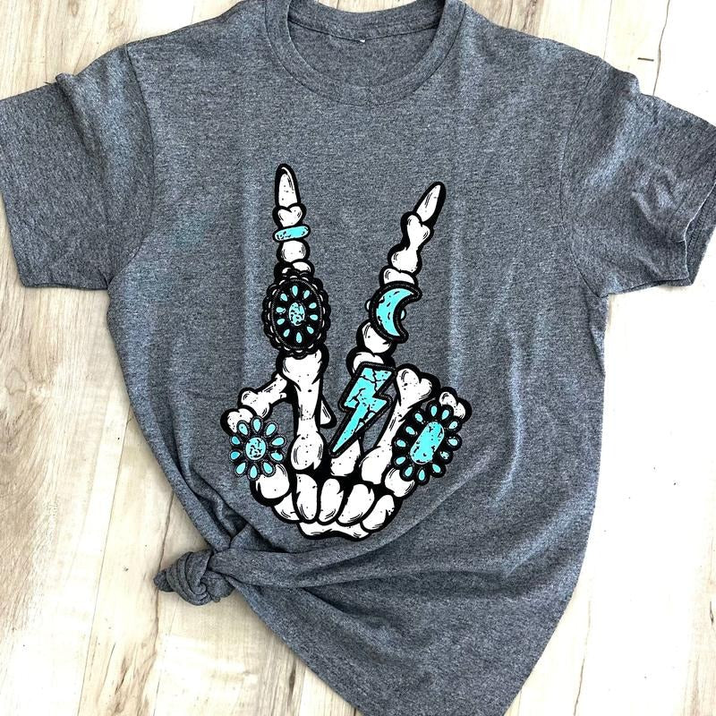 Skeleton Rings Peace Sign Graphic Tee Hoodie, Sweatshirt | RetroVerseTees.com