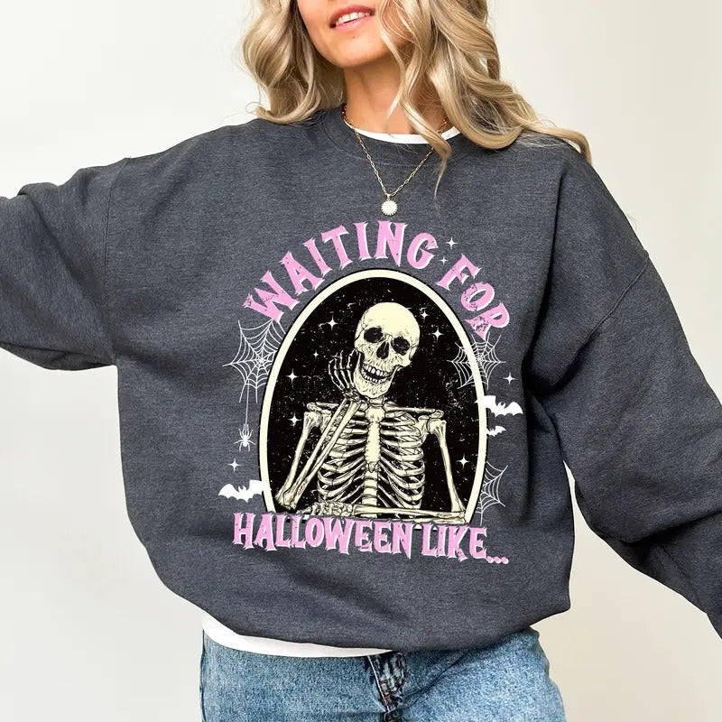 Skeleton Waiting For Halloween Sweatshirt, Halloween Skeleton Crewneck, Funny Skeleton Sweatshirt, Skeleton Sweater,...