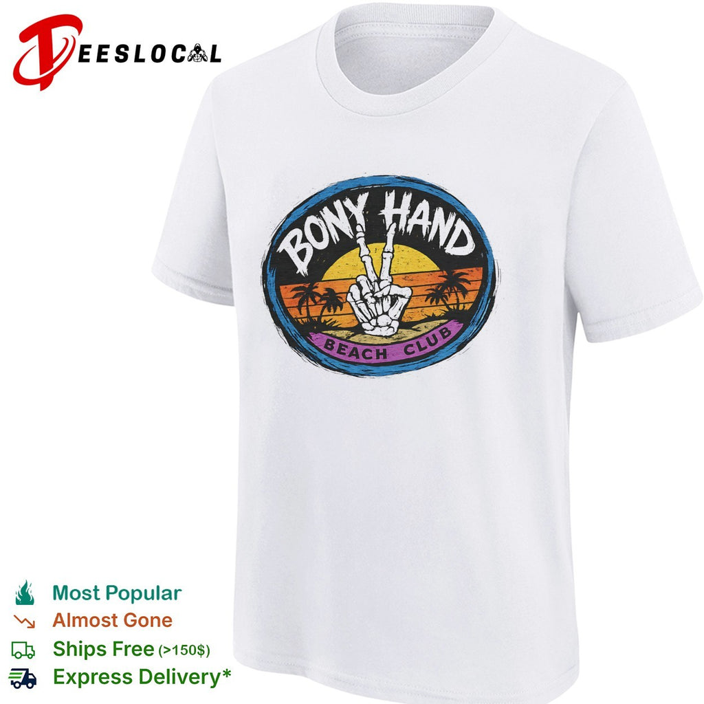 Skeleton peace sign Bony Hand Beach Club tropical sunset badge shirt