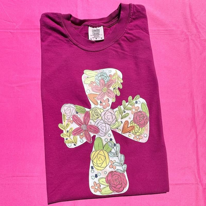 Sketched Floral Cross Comfort Colors T-Shirt 'NLB' Hoodie, Sweatshirt | RetroVerseTees.com