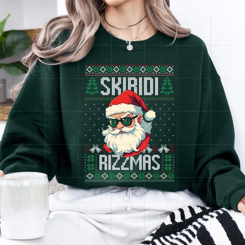 Skibidii Rizzmas Ugly Christmas Tshirt Sweatshirt, Santa Claus Ugly Christmas Sweater, Xmas Gift, Rizz Christmas, Unisex...