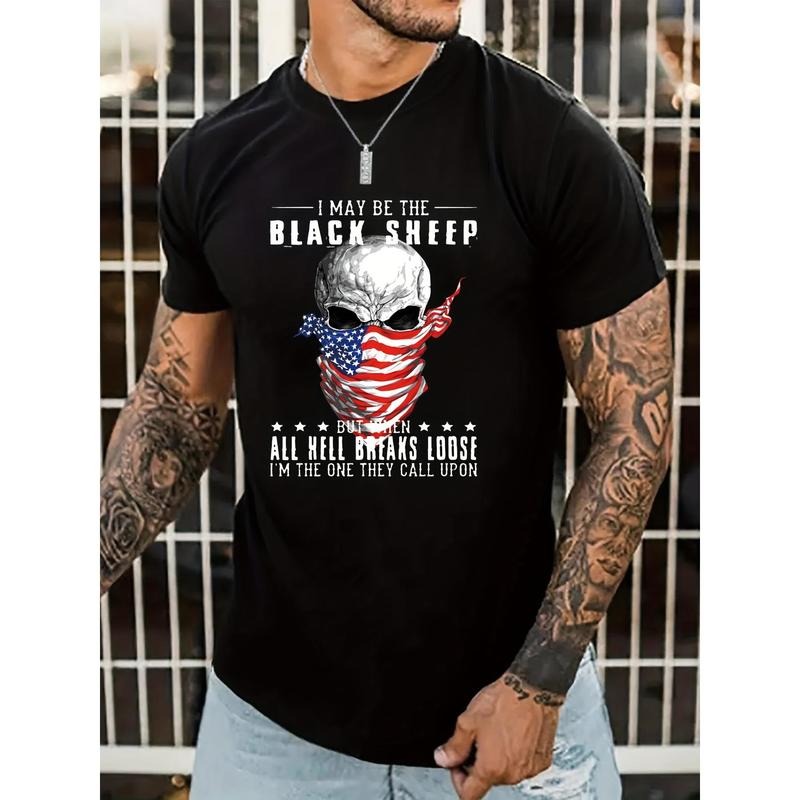 Skull With American Flag Pattern Mask & Slogan Print Men's Slight Stretch T-shirt, Graphic Tee Men's Summer Clothes,...