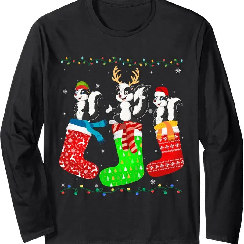 Skunk in Xmas Socks Funny Holiday Ugly Sweater Christmas Long Sleeve T-Shirt Hoodie, Sweatshirt | RetroVerseTees.com