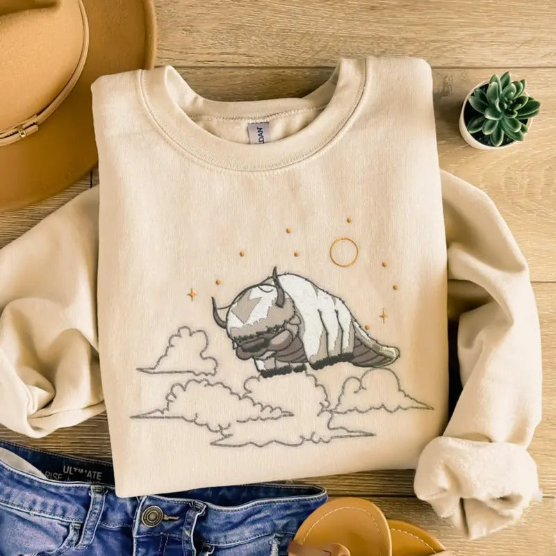 Sky Bison Embroidered Sweatshirt T-shirt, Appa Embroidered Crewneck, Anime Embroidered Shirt, Yip Yip Embroidered Shirt...