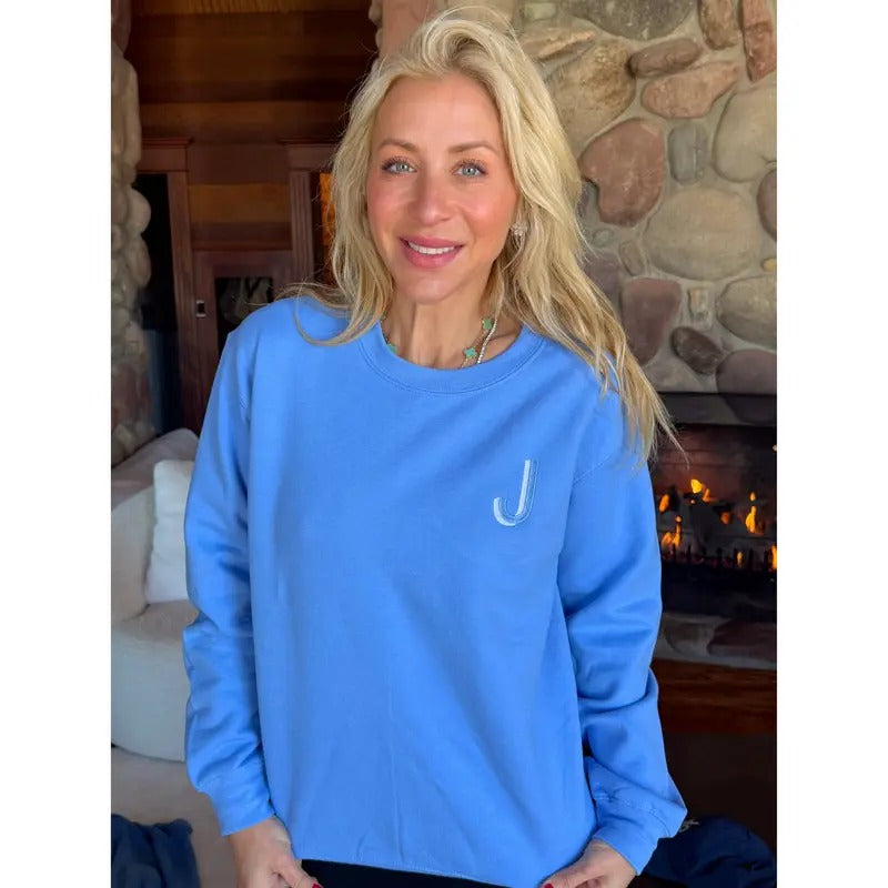 Sky Blue Embroidered Initial Sweatshirt (S-XL) T-Shirts, Hoodie | RetroVerseTees.com
