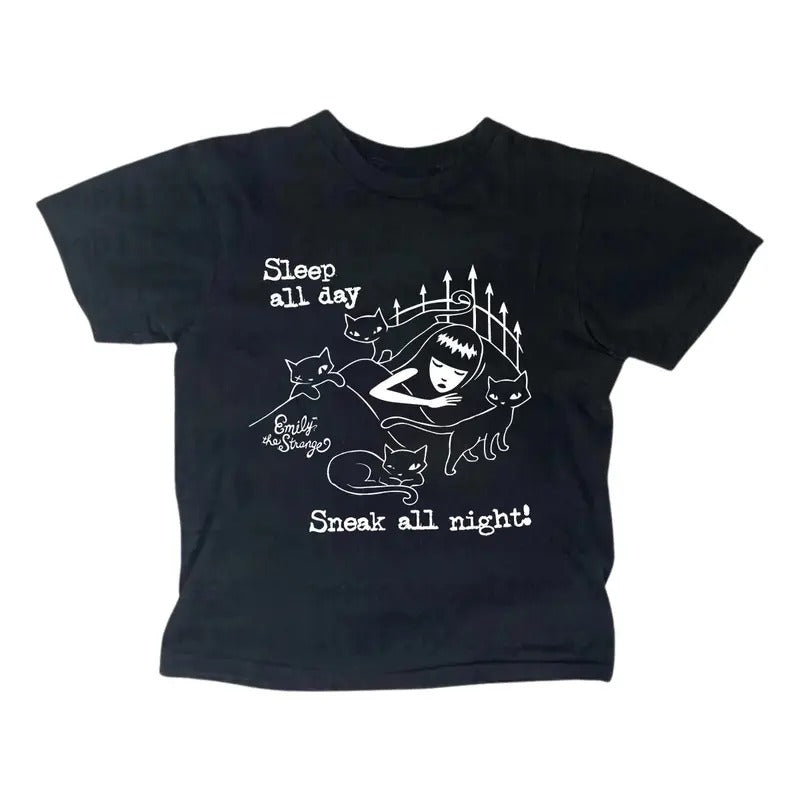 Sleep All Day Emily Strange Baby Tee, Gothic Emo Girl Baby Tee, Y2k Top Women Streetwear, Grunge 2000s, Women Fitted...