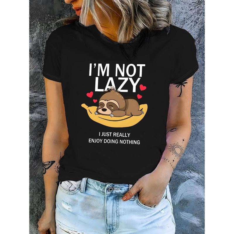 Sloth Print T-shirt, Short Sleeve Crew Neck Casual Top For Summer & Spring, Women'WB shield Clothing Hoodie, Sweatshirt
