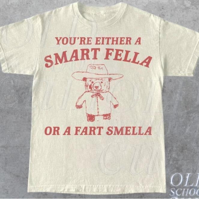 Smart Fella or Fart Smella: Vintage-Style T-Shirt DRG with Retro Cartoon, Quirky Meme, Panda Print